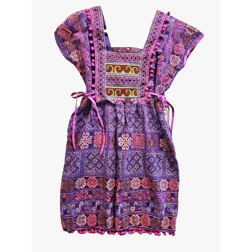 Handmaid Folklore Cross-Stich Handmade Dress PomPoms Tunic Oaxaca Sz M/L #679 - Picture 2 of 12